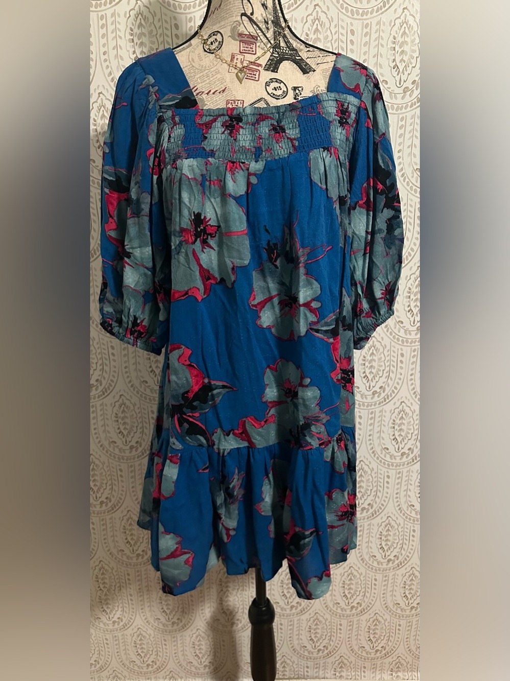 Blue Floral Mini Dress with Smocked Yoke